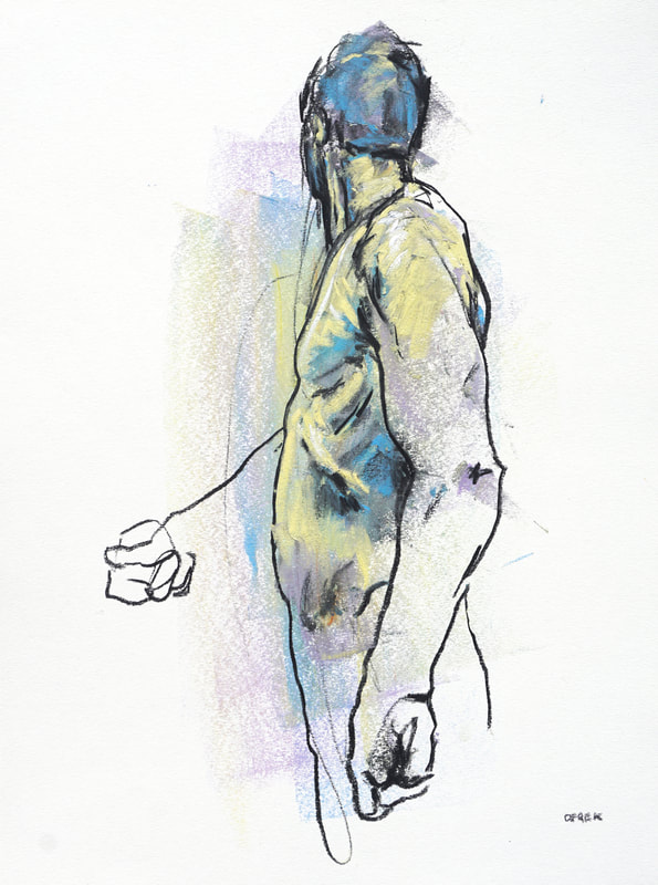 Cyan yellow violet figure by Derek Overfield